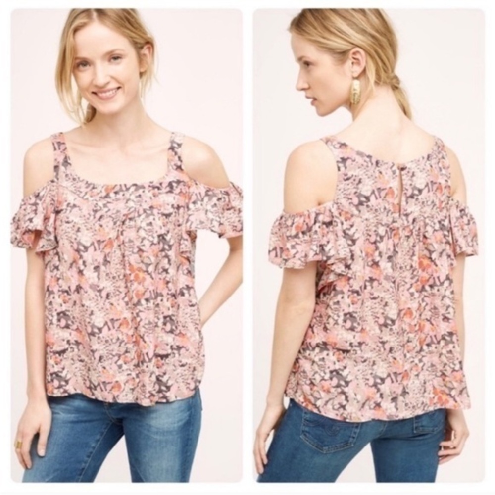 Anthropologie Maeve Hana Floral Cold Shoulder Blouse Sz Large